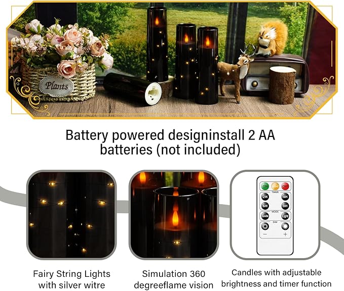 Flameless Candles with Embedded Star String, Battery Operated LED Pillar (Set of 7)