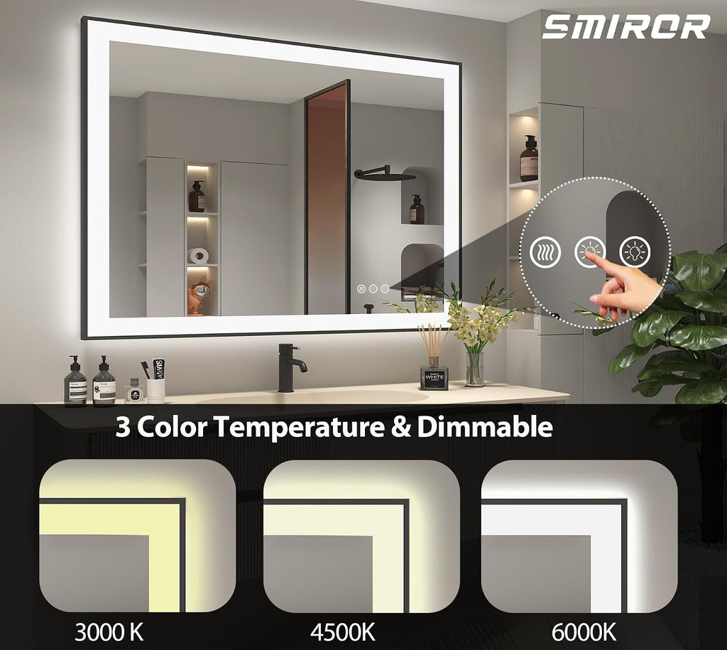 SMIROR 48x40 Black Framed LED Lighted Bathroom Vanity Mirror for Wall