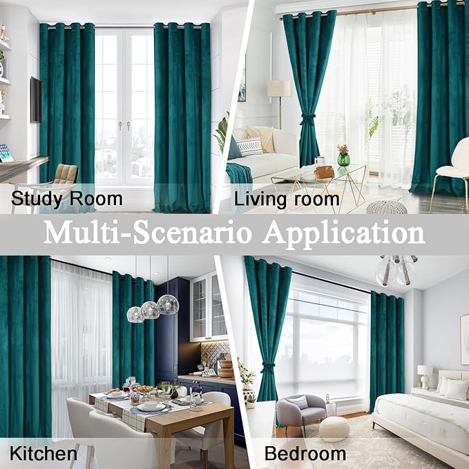 JIUZHEN Teal Velvet Curtains 96 inches Blackout Curtains