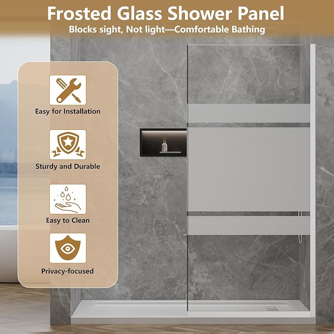 36"x76" Fixed Glass Shower Door, 3/8" Thick Mid-Band Frosted Privacy Tempered