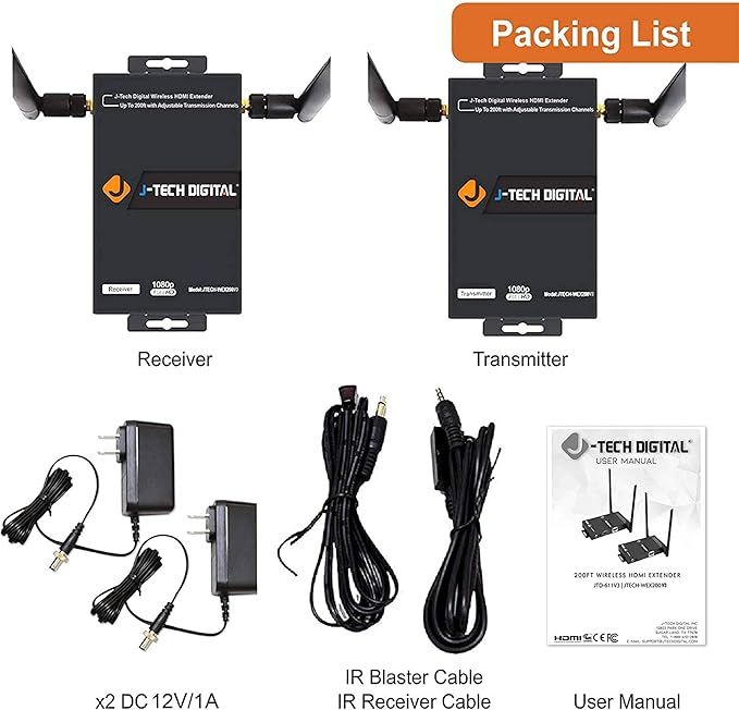 J-Tech Digital 1X2 Wireless HDMI Extender 200’ Dual Antenna Supporting Full HD