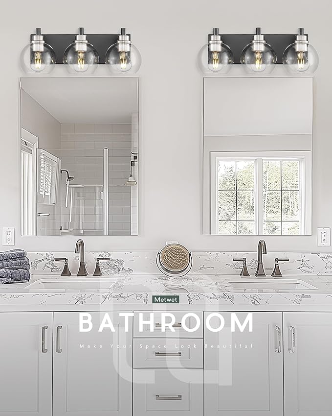 METWET Bathroom Light Fixtures, 3-Light Black and Brushed Nickel Bathroom