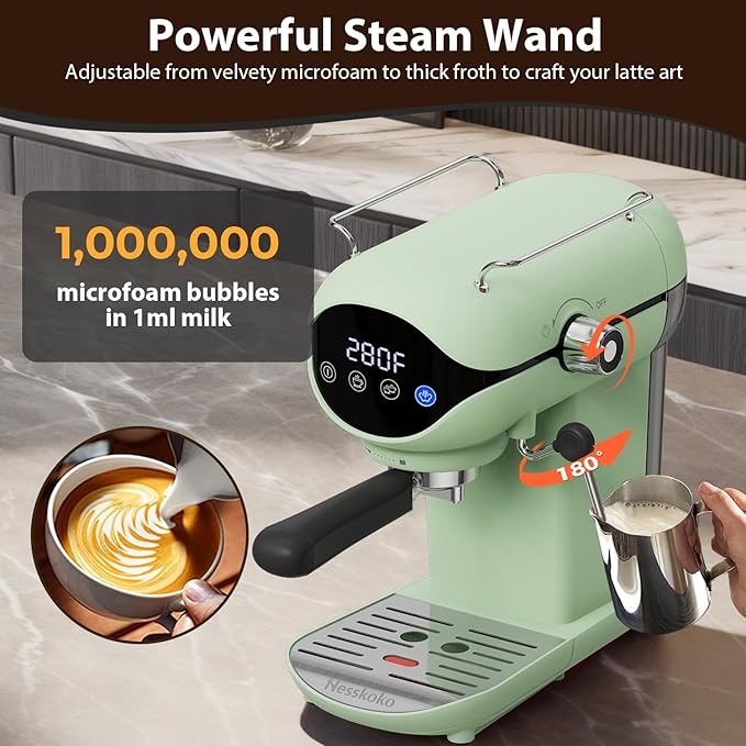 Espresso Machine with Steam Milk Frother Semi Automatic 20 Bar Compact Green