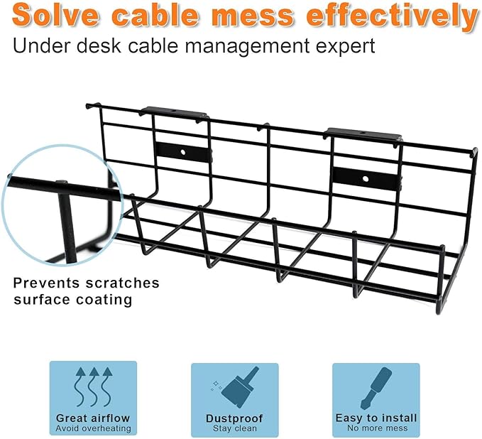 Under Desk Cable Management- 6 Pack Cord Organizer. Metal Wire Cable Management