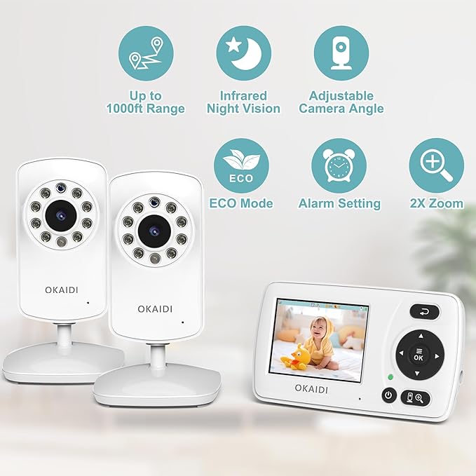 OKAIDI Video Baby Monitor with 2 Cameras, 2.4'' Portable Travel Screen