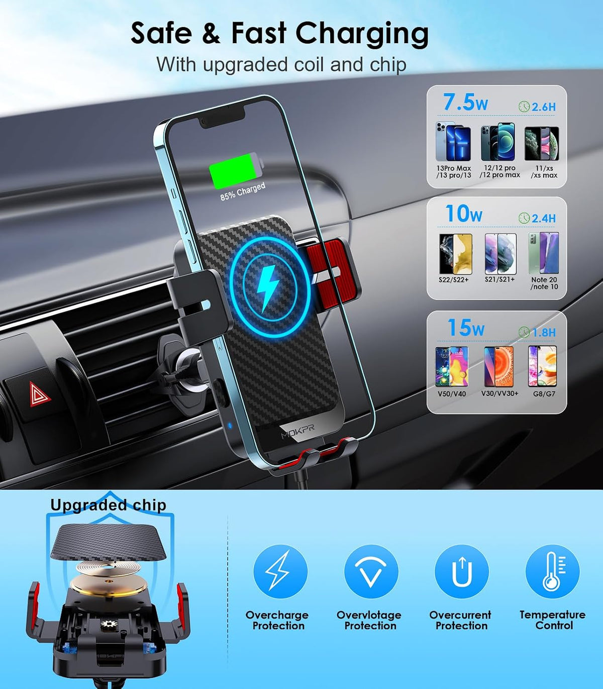 wireless car charger 15w fast charging auto-clamping air shown in use