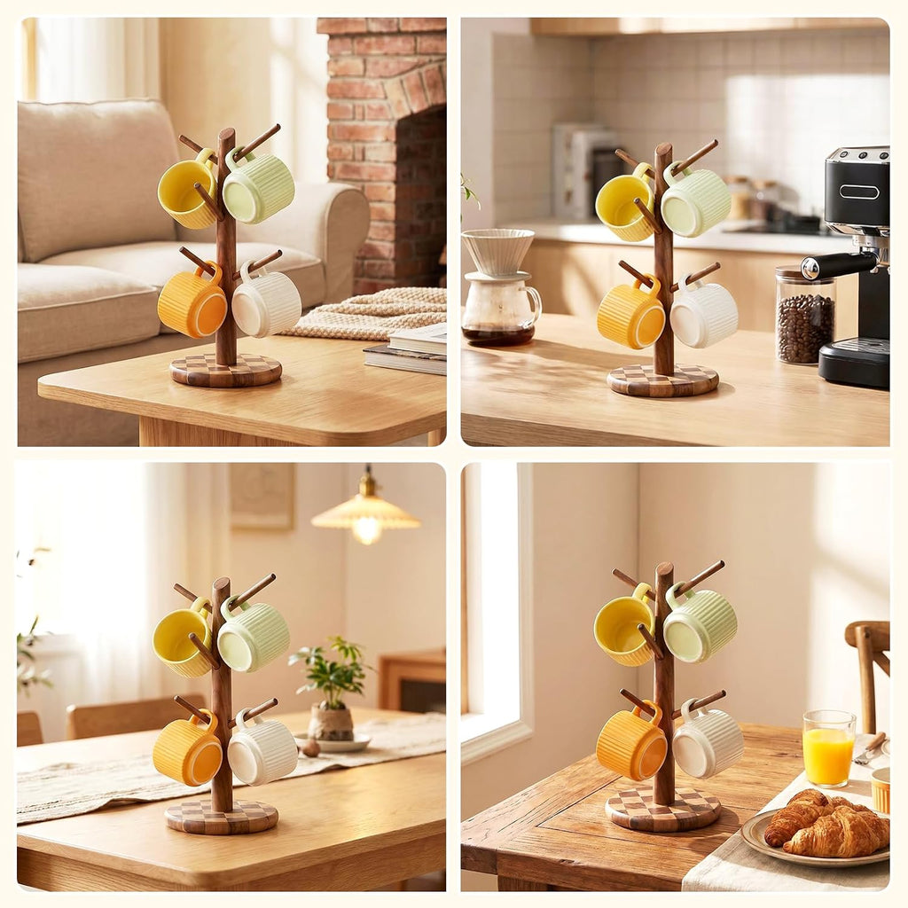 Natural Wood Mug Holder for Counter Top, Acacia Wood Coffee Mug Tree