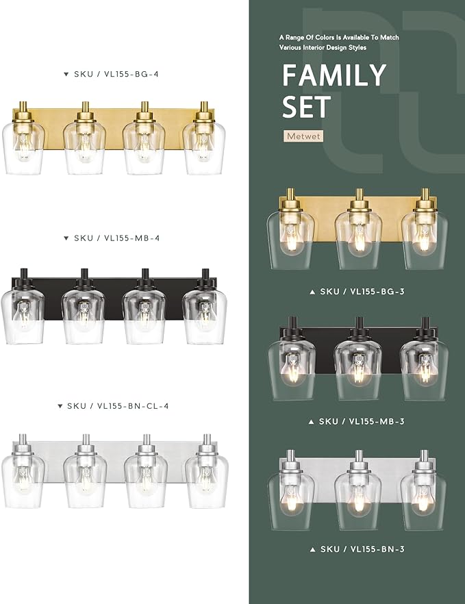 METWET Bathroom Light Fixtures, 3-Light Modern Vanity Light