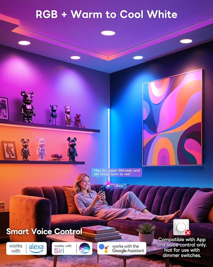 Smart Recessed Lighting 6 Inch, RGBCW Color Changing Canless Recessed Ceiling