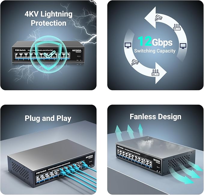 8 Port PoE Switch with 8 Ports 100Mbps PoE+@120W + 2 * Gigabit Uplink Port