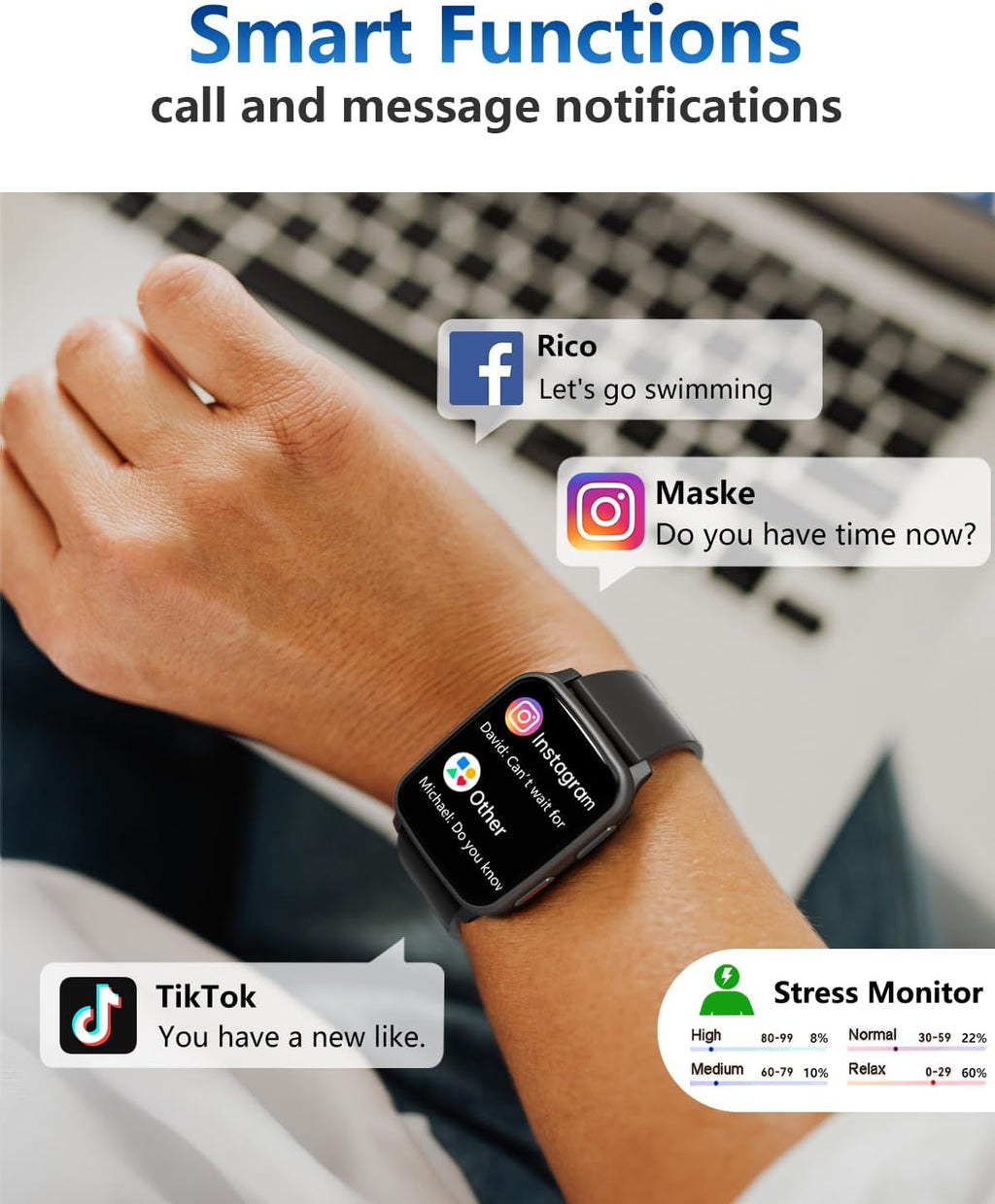 morepro fitness tracker with 24/7 heart rate & on a desk or shelf