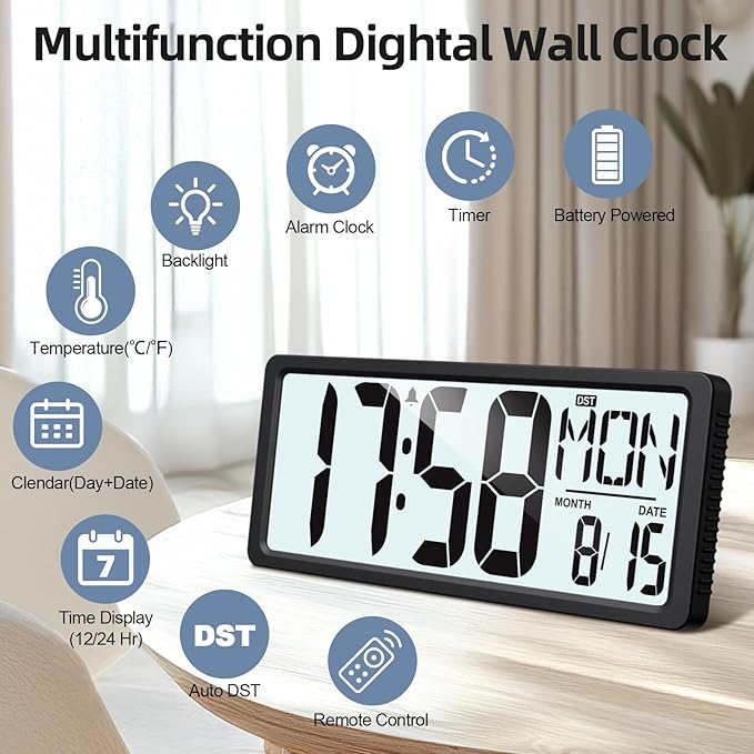 XREXS Large Digital Wall Clock Battery Operated