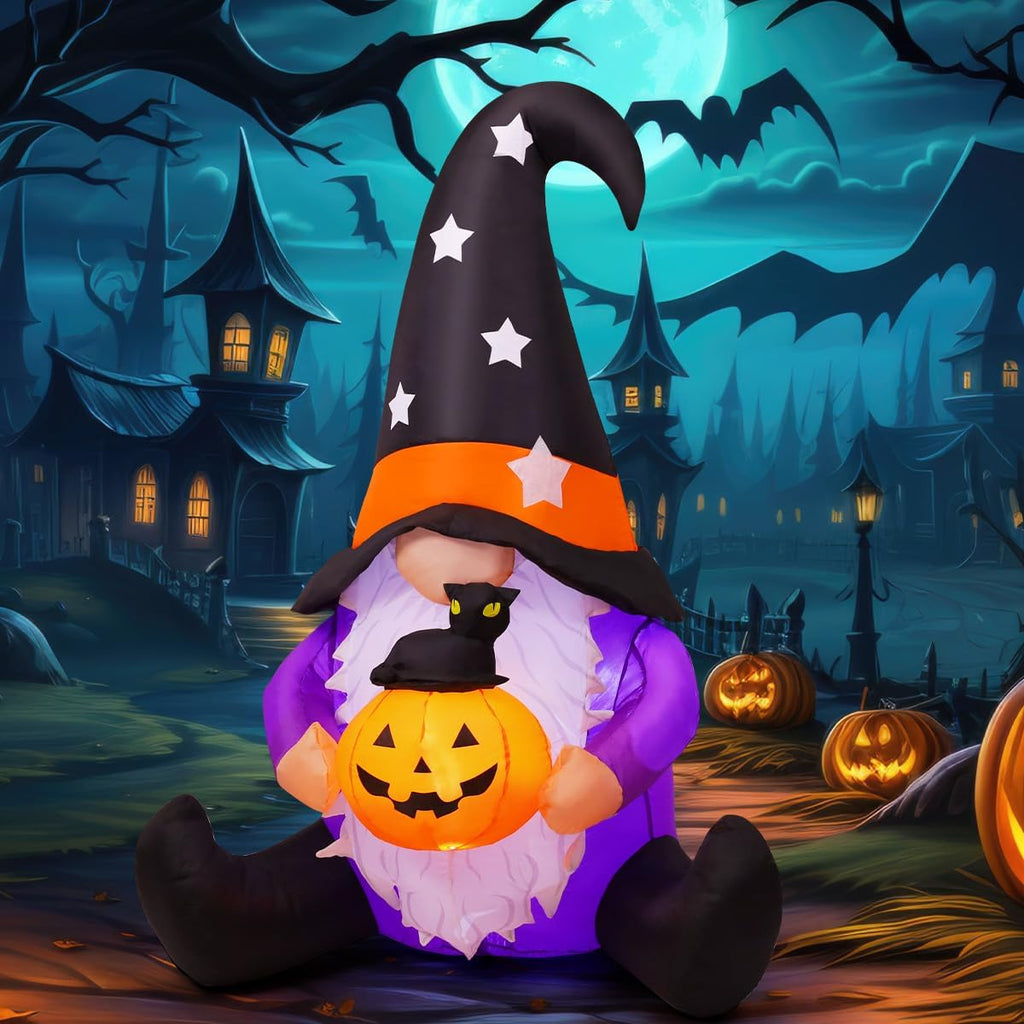GOOSH 5 FT Halloween Gnomes Inflatables Outdoor Decorations, Gnome with Pumpkin Blow Up Yard Decorations Built-in LED Lights for Halloween Outdoor Decoration
