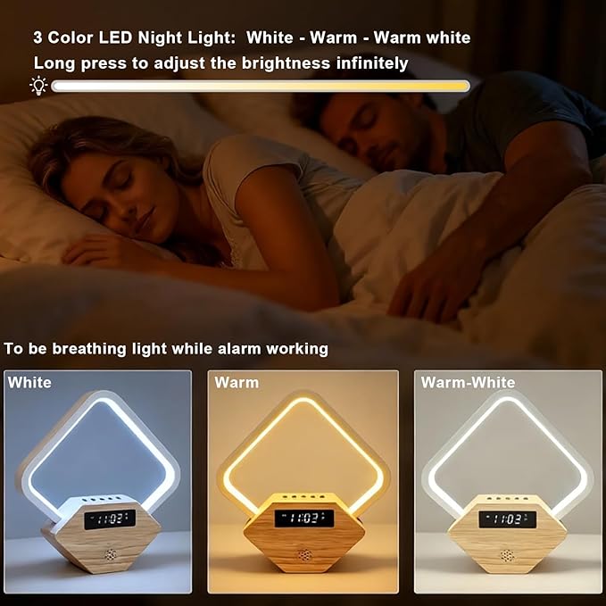 Wood Sunrise Alarm Clock with White Noise Machine 3 Color Night Light 15