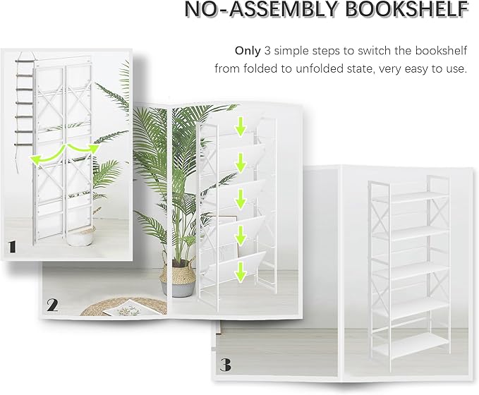 4NM 5 Tiers No Assembly Book Shelves, 51.2" H Folding Bookshelf Bookcase Open
