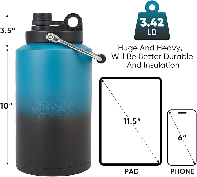 Insulated Gallon Jug with Handle, One Gallon, 128oz Stainless Steel, Large