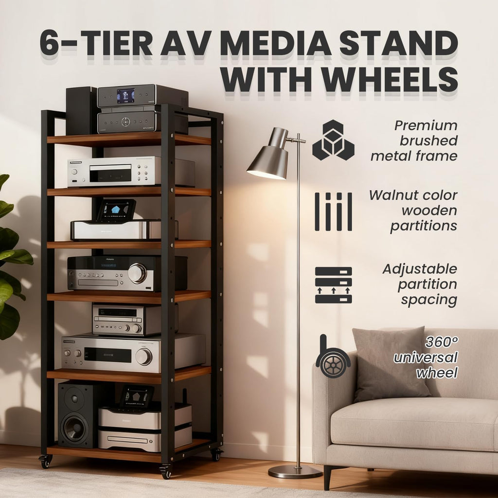6-Tier AV Media Stand with Wheels, Modern Stereo Racks and Stands