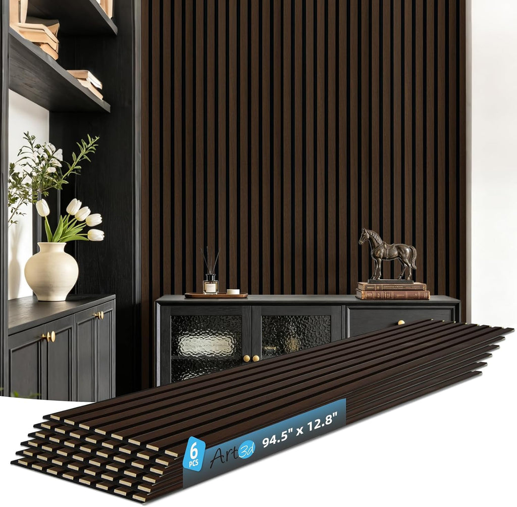 Art3d 94 x 12.6 Inch Acoustic Wood Slat Wall Panel, 6-Piece, Walnut