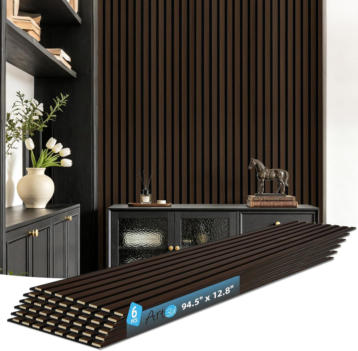 Art3d 94 x 12.6 Inch Acoustic Wood Slat Wall Panel, 6-Piece, Walnut