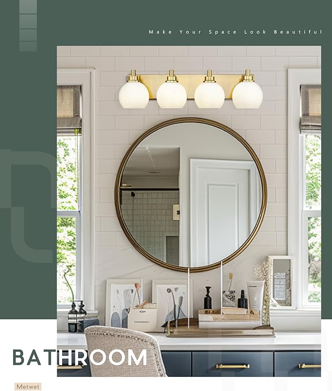 METWET Bathroom Light Fixtures, 4 Light Brushed Gold Vanity Light, 26 Inch