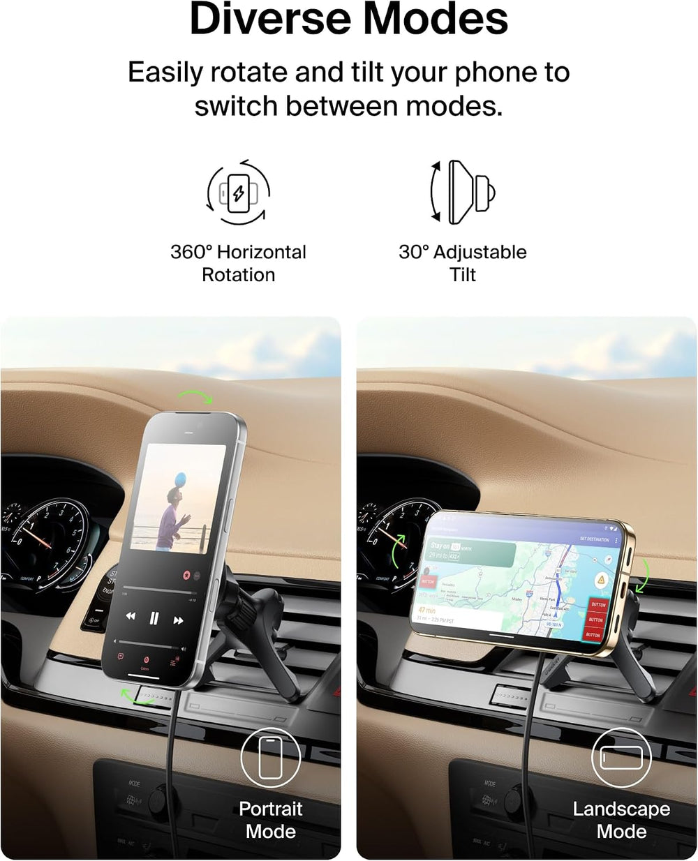 Belkin Qi2 15W Magnetic Wireless Vent Mount, Fast Charging Car Charger