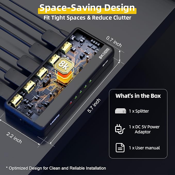 SHERRIVA 8K HDMI Splitter 1 in 4 Out, 1x4 Duplicate/Mirror Screens, HDMI 2.1