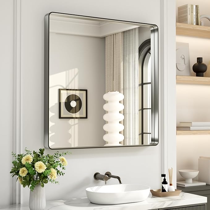 LOAAO 36X36 Inch Brushed Nickel Bathroom Mirror, Rounded Rectangle Silver Metal