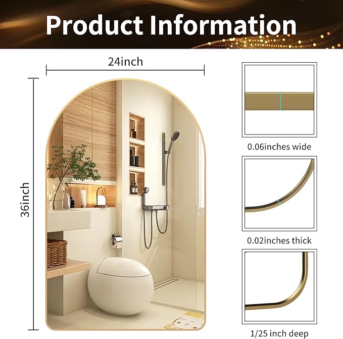 24x36 inch Gold Arched Mirror for Bathroom Vanity Mirror or Wall Decor Arch