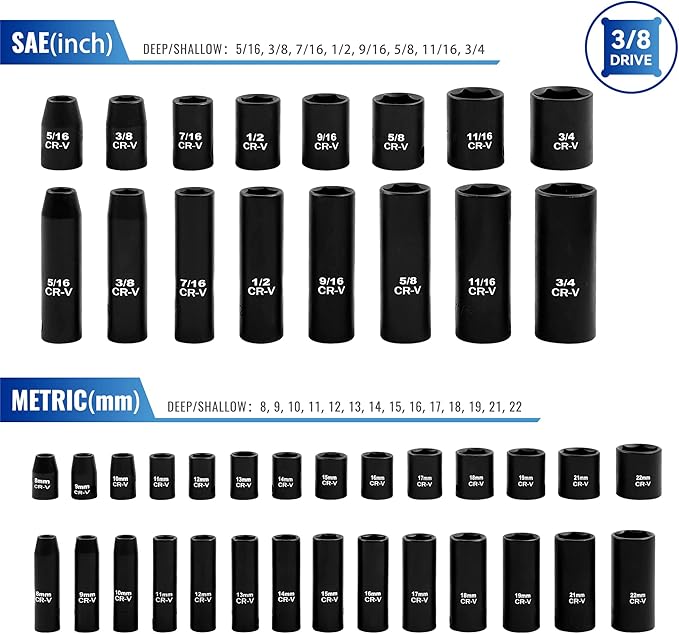 50-Piece 3/8" Drive Socket Set, SAE & Metric, Deep & Shallow, 72-Tooth Ratchet
