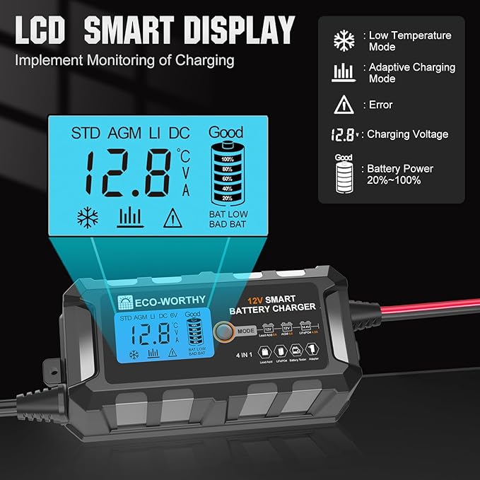 ECO-WORTHY 12V 5A Automatic Smart Battery Charger and Maintainer LCD Display