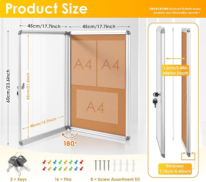 SWANCROWN Enclosed Bulletin Cork Board 24x18 in, Lockable Bulletin Board