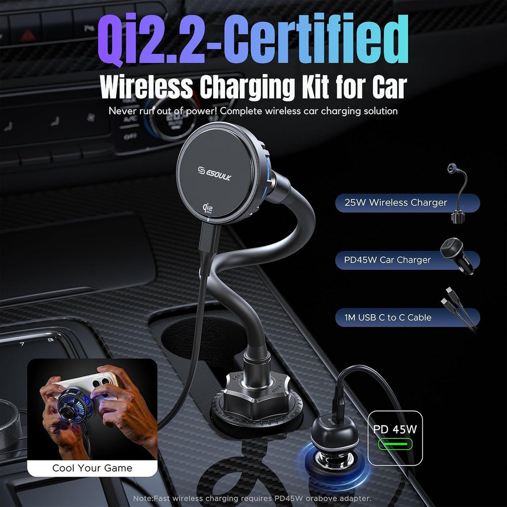 Qi2 25W Cooling Wireless Car Charger 15 Inch Cup Holder Phone Mount