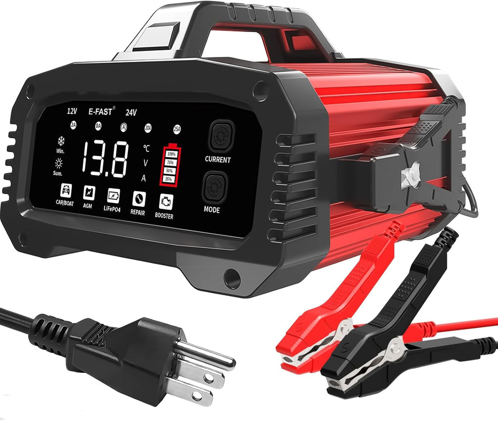 E-FAST 25A Smart Car Battery Charger, 12V/24V Automatic Automotive Battery Maintainer & Desulfator with 200s Booster Mode - Adjustable Amp Trickle Charger for Lead-Acid, AGM, Gel, LiFePO4