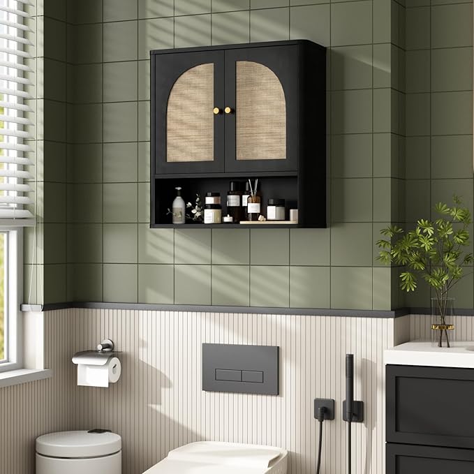 RUSTOWN Rattan Bathroom Wall Cabinet, Over The Toilet Storage Cabinets