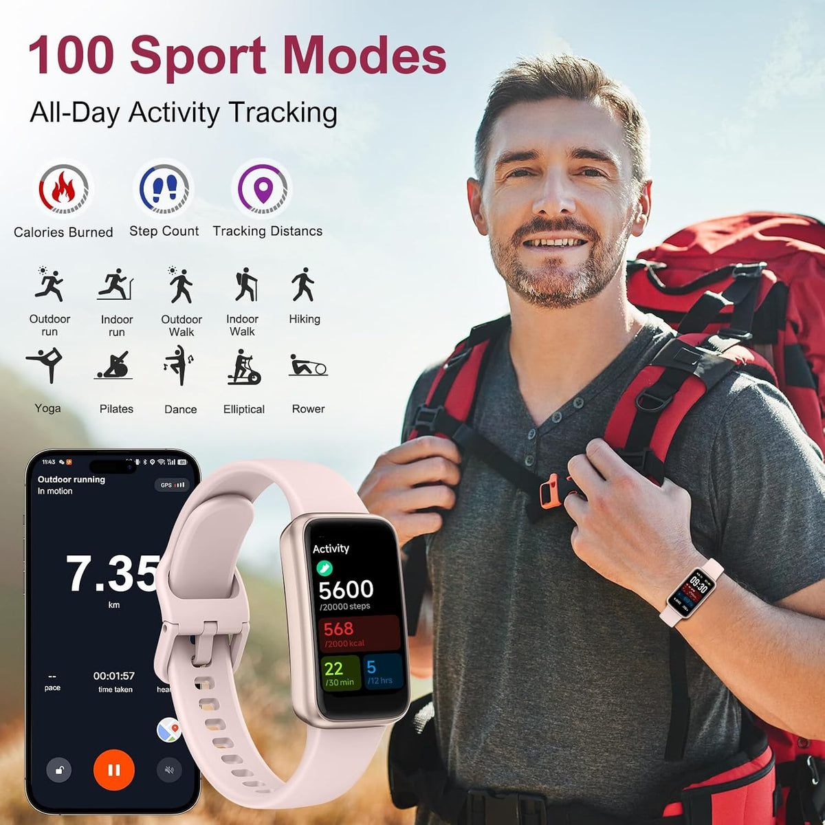 fitness tracker,smart watch with 24/7 heart rate blood, side view