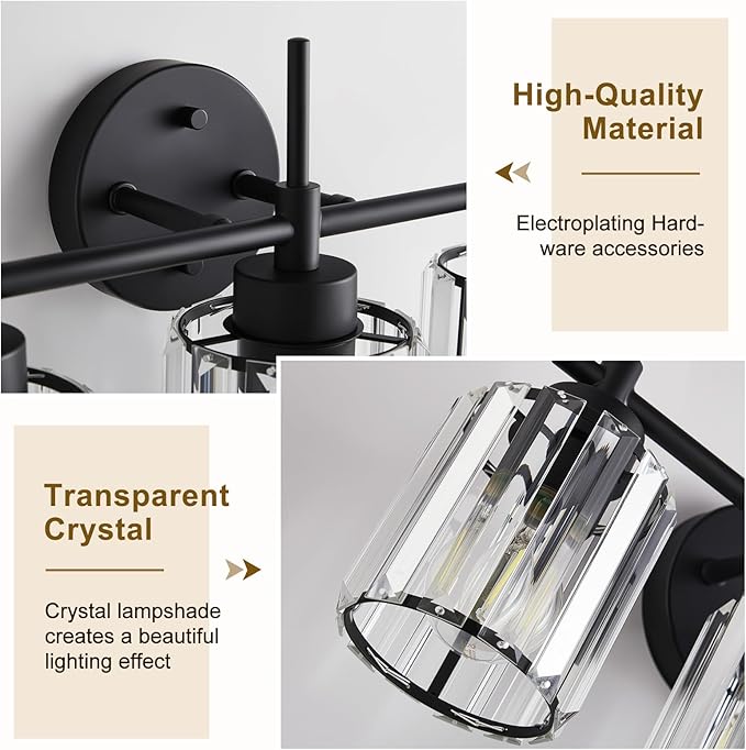 EJIAXIN 4 Light Round Crystal Vanity Lights, Modern Black Crystal Wall Light