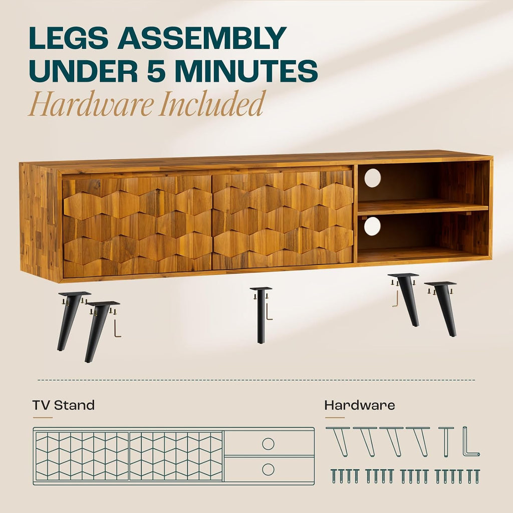 Bme Georgina Solid Wood, 10 Minutes Assembly Entertainment Center with Storage Geometric Pattern Console for Living, Bedroom, Dining Room, TV Stand 65 Inch, Teak Brown
