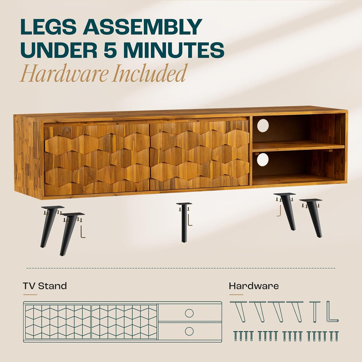 Bme Georgina Solid Wood, 10 Minutes Assembly Entertainment Center with Storage Geometric Pattern Console for Living, Bedroom, Dining Room, TV Stand 65 Inch, Teak Brown