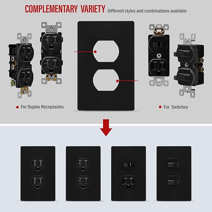 ENERLITES SI8821-BK Duplex Outlet Receptacle Cover, Screwless Wall Plate (10PCS, 10 Pack)