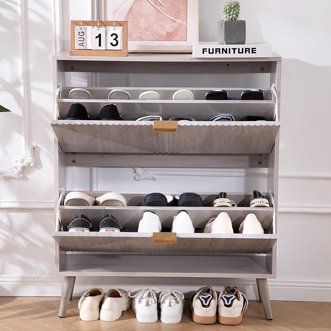 Shoe Cabinet with 2 Flip Drawers, Freestanding Shoe Cabinet Organizer with 4