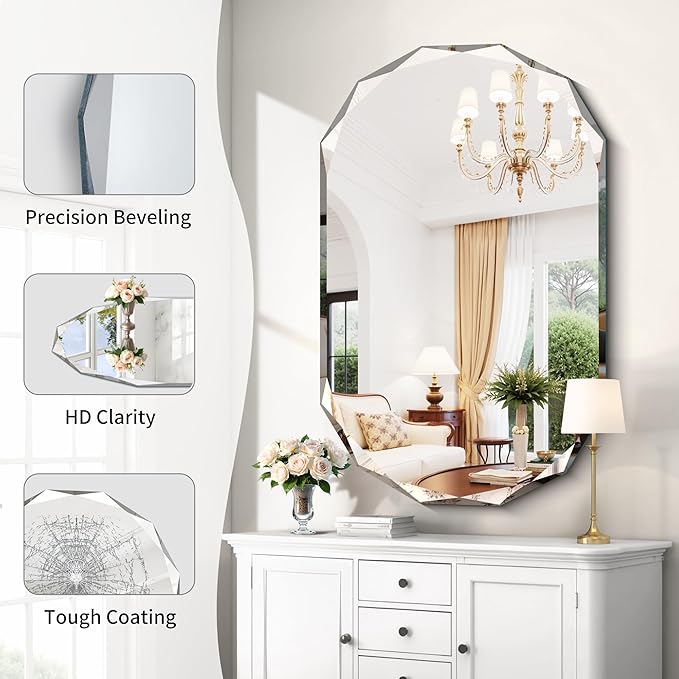 GLASHOM Frameless Bathroom Mirror, 30x48 inch Beveled Bathroom Mirror Wall