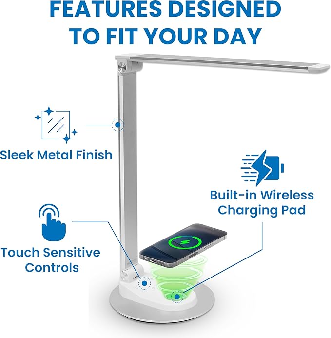 Mount-It! LED Desk Lamp with Wireless Charger and USB-C Charging Port, Dimmable