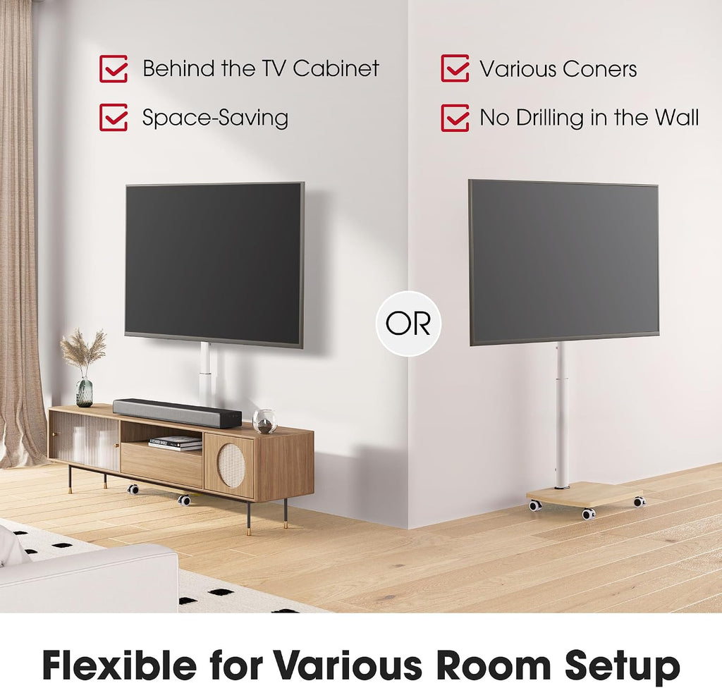 AOKCOS Rolling TV Stand for 32-65 Inch TVs, Portable Mobile TV Stand on Wheels, 8-Level Height Adjustable TV Cart with Swivel & Tilt Mount for Bedroom/Living Room/Office/Corner