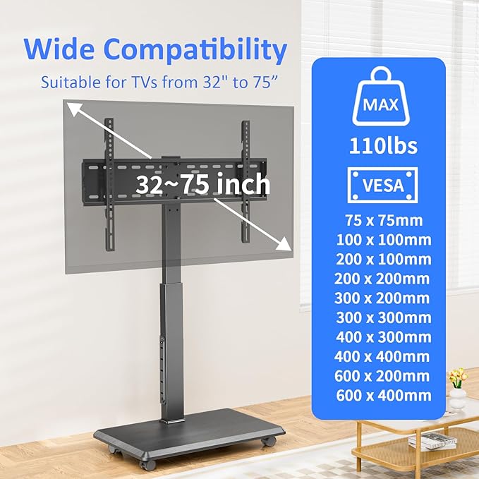 Afaloona Rolling TV Stand with Power Outlet, Mobile TV Stand