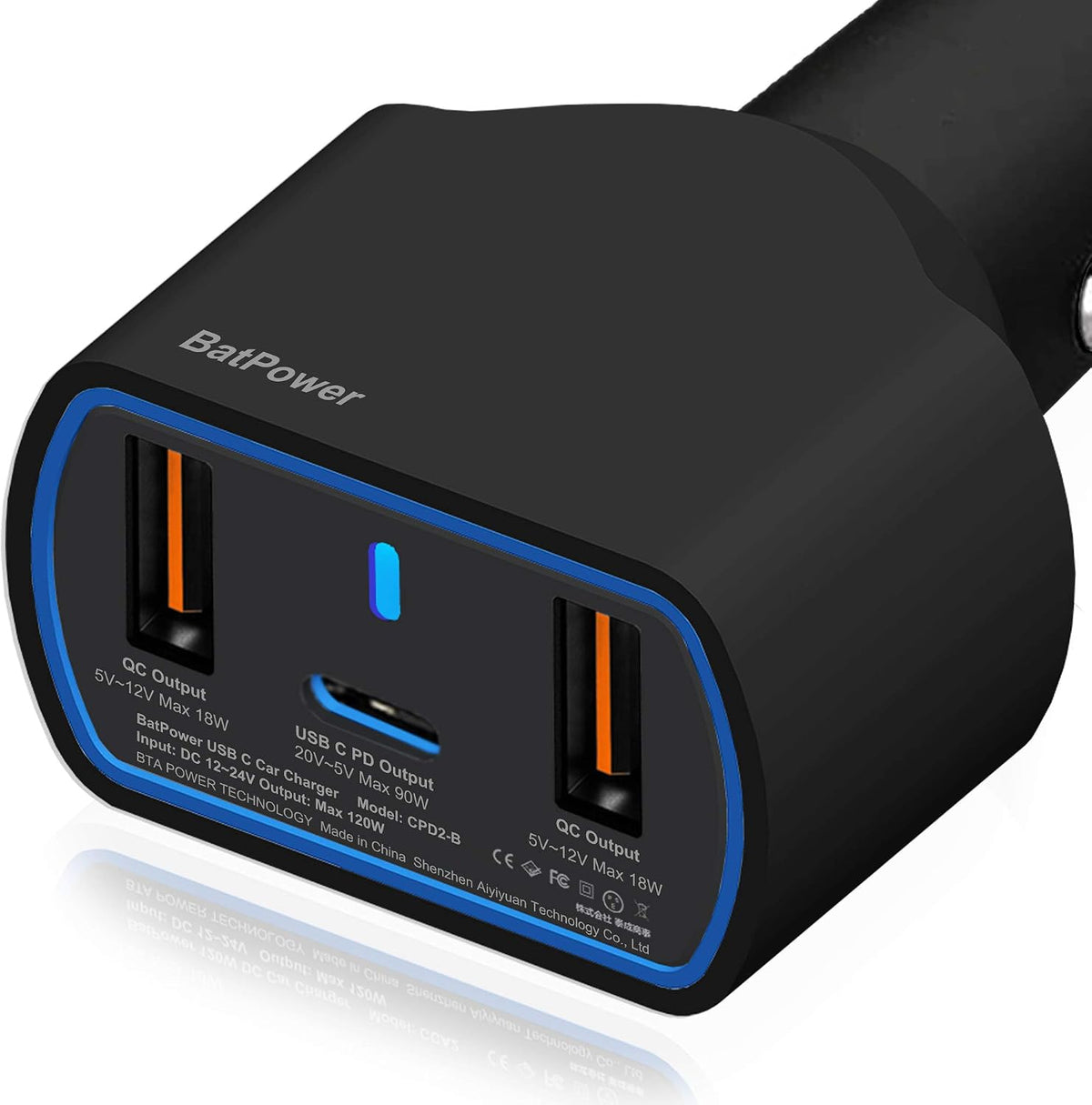 batpower high power delivery 120w usb-c laptop car, side view
