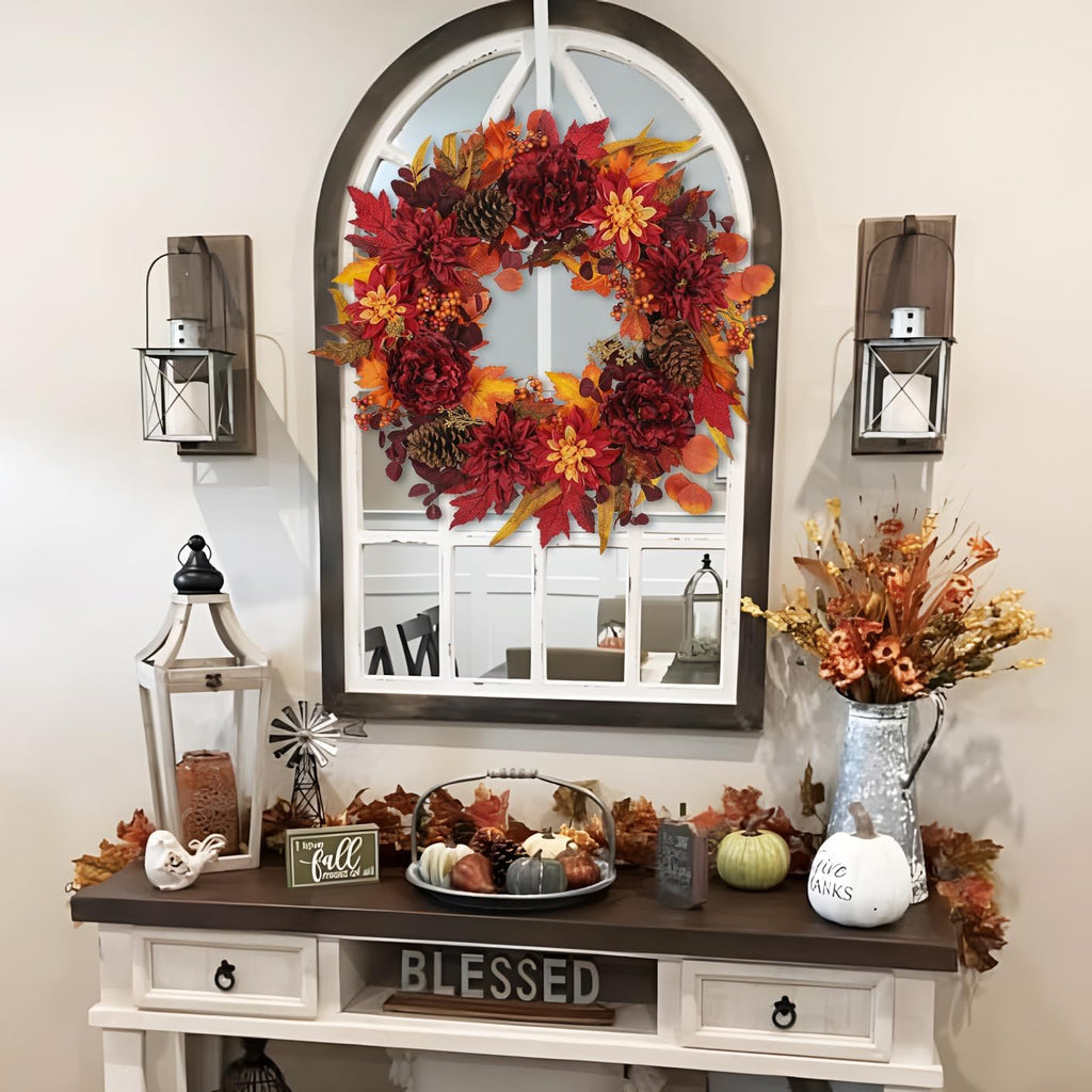 24" Artificial Fall Floral Wreath for Front Door Autumn Wreath with Peony Dahlia Pine Cones for Halloween Thanksgiving Farmhouse Window Wall Décor