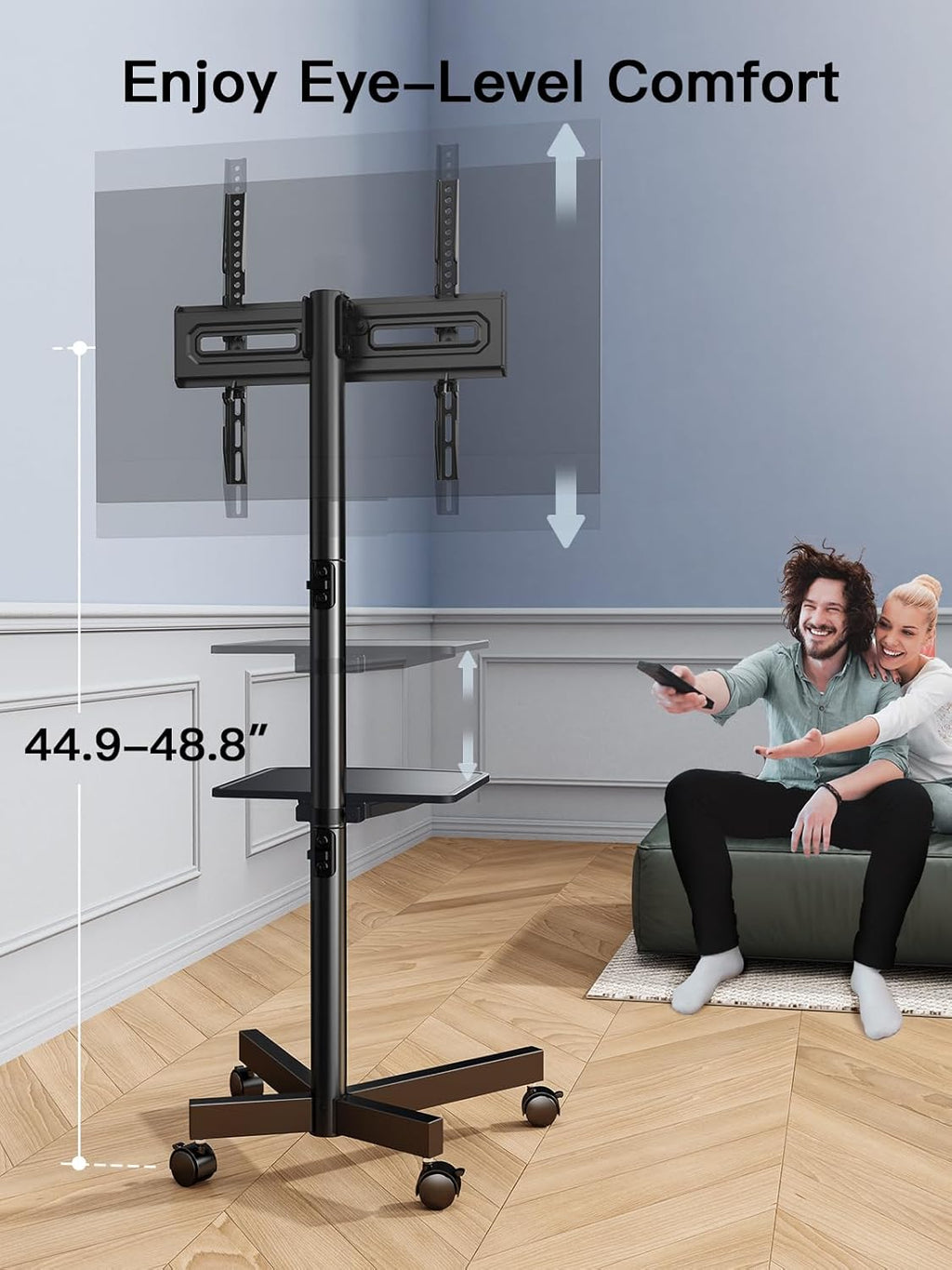 perlesmith rolling tv stand on wheels for 23-65 shown in use