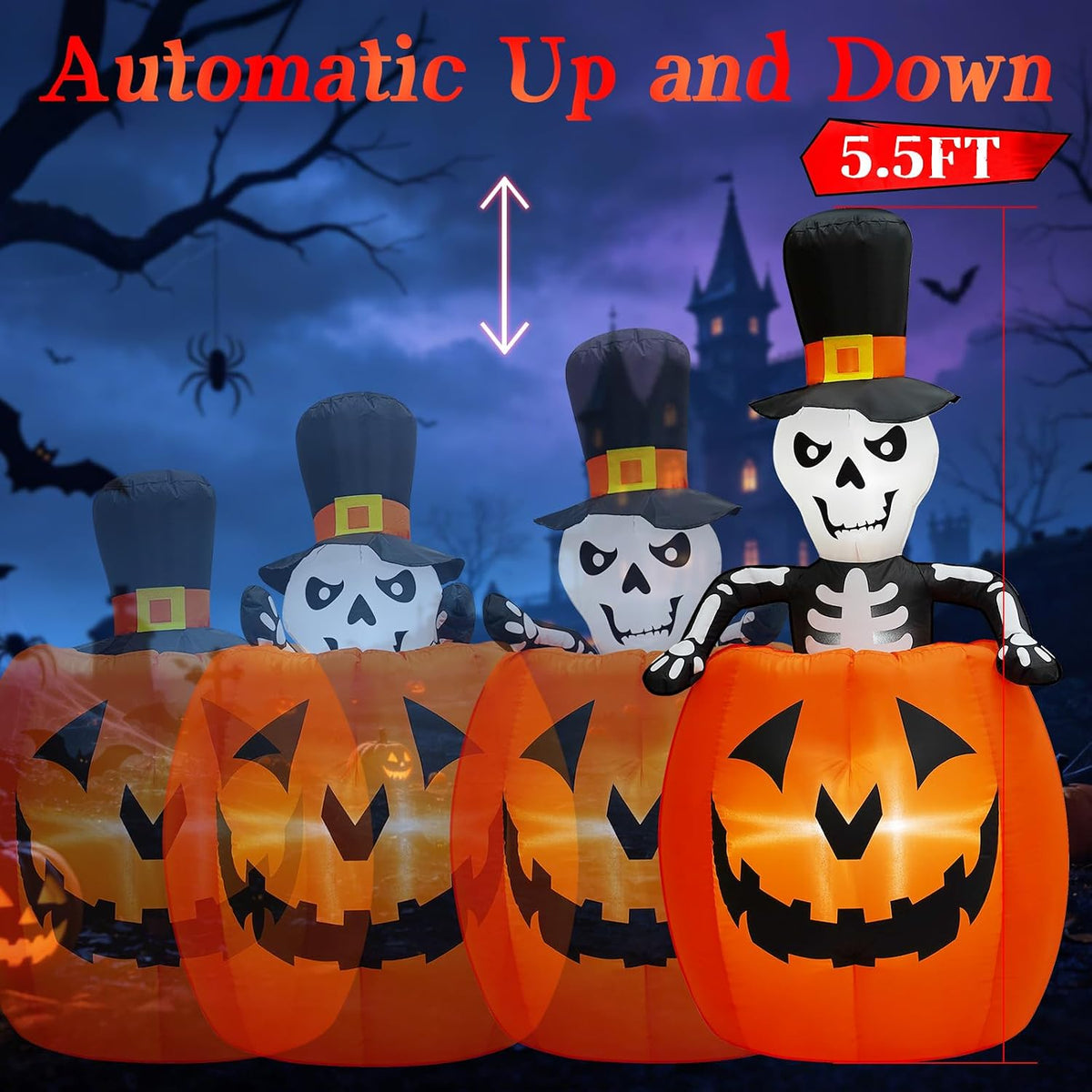 5.5FT Animated Pop Up Halloween Inflatables Outdoor Pumpkin with Peek-a-Boo Lighted Rising Skeleton Jack-O-Lantern, Blow Up Waterproof & Windproof Yard Lawn Garden Decoration