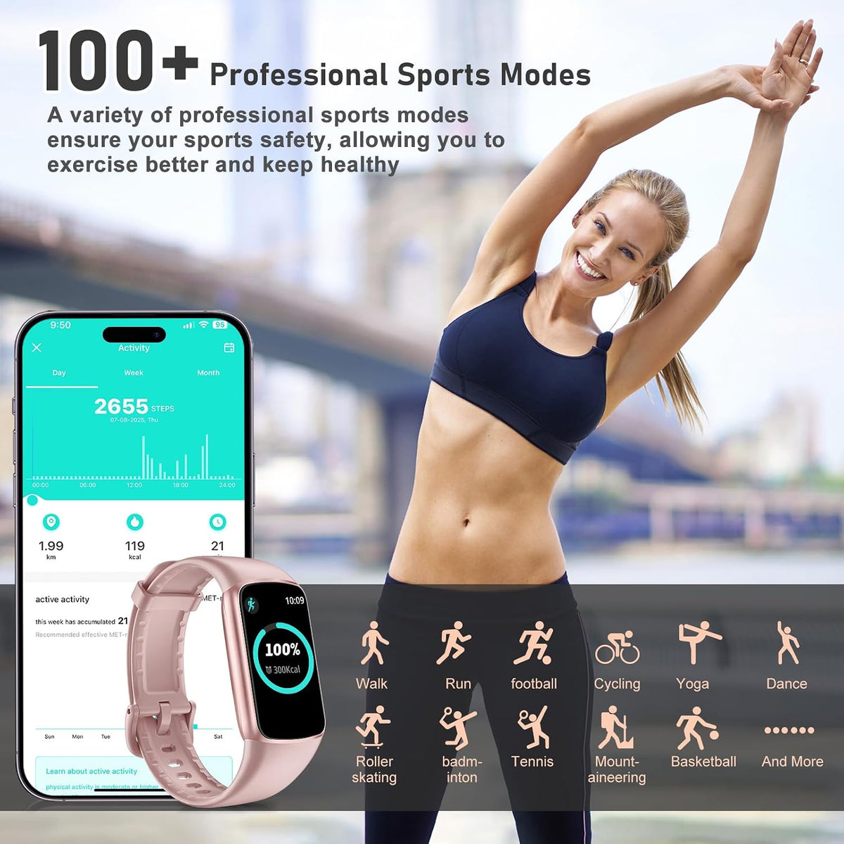 fitness tracker with 24/7 heart rate, blood oxygen shown in use