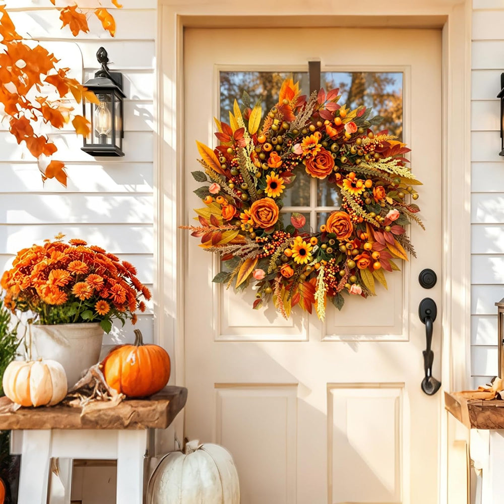 Fall Wreath for Front Door 26 Inch, Autumn Harvest Wreath Sunflowers Roses Ac...